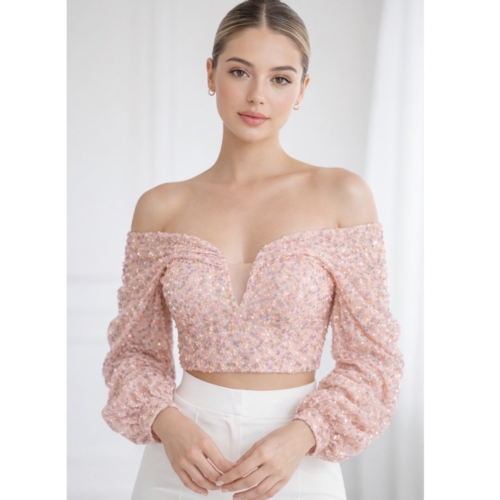 Babydoll‎ Sequin Coquette Crop Top Pink Off Shoudler Sparkly Glitter Party NWT